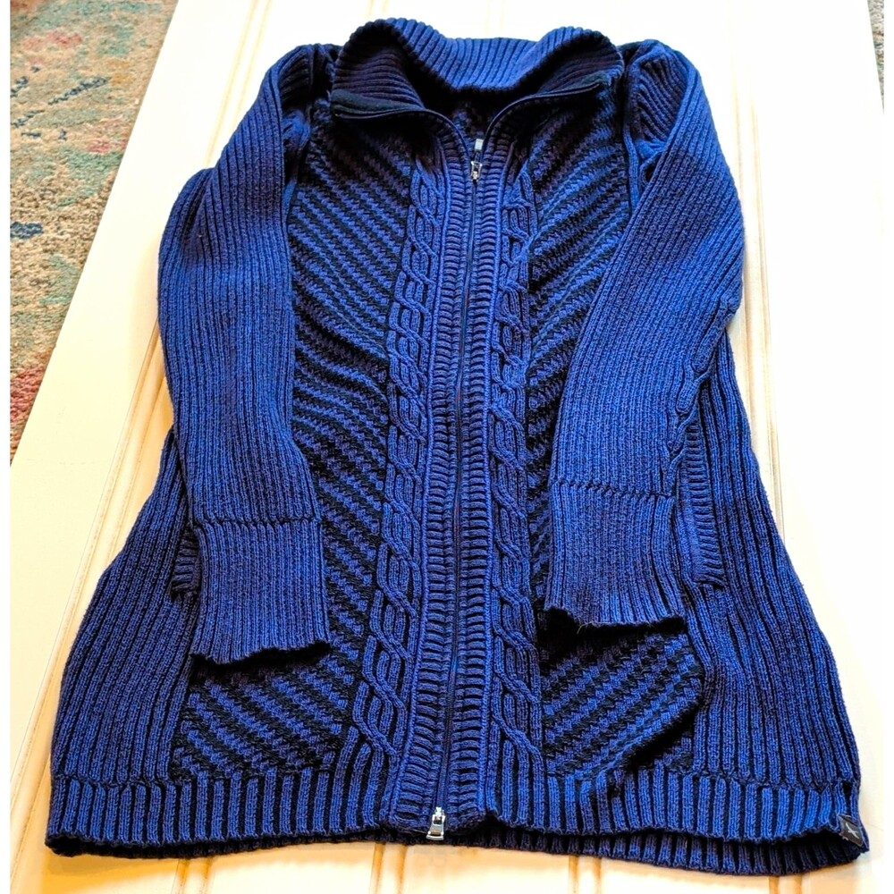 Eddie Bauer Women's Navy Blue CableKnit Full Zip Neck Cotton Nylon Sweater Sz S